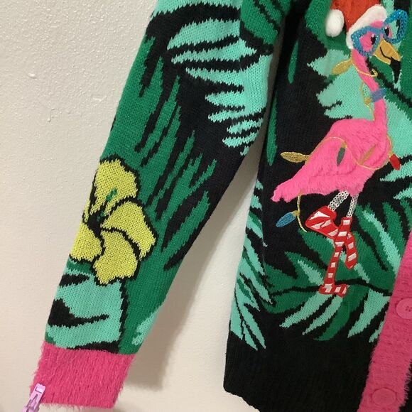Holiday Time Fa La La Flamingo Kitsch Ugly Colorful Christmas Sweater Cardigan S - Picture 4 of 12